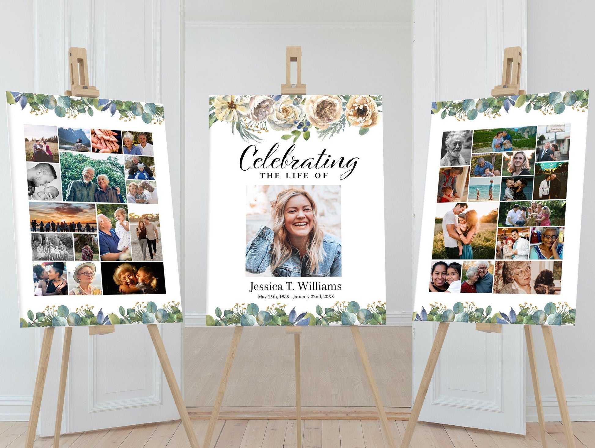 Yellow flowers and grennery funeral poster set, with large center photo and photo collage templates for side posters.
