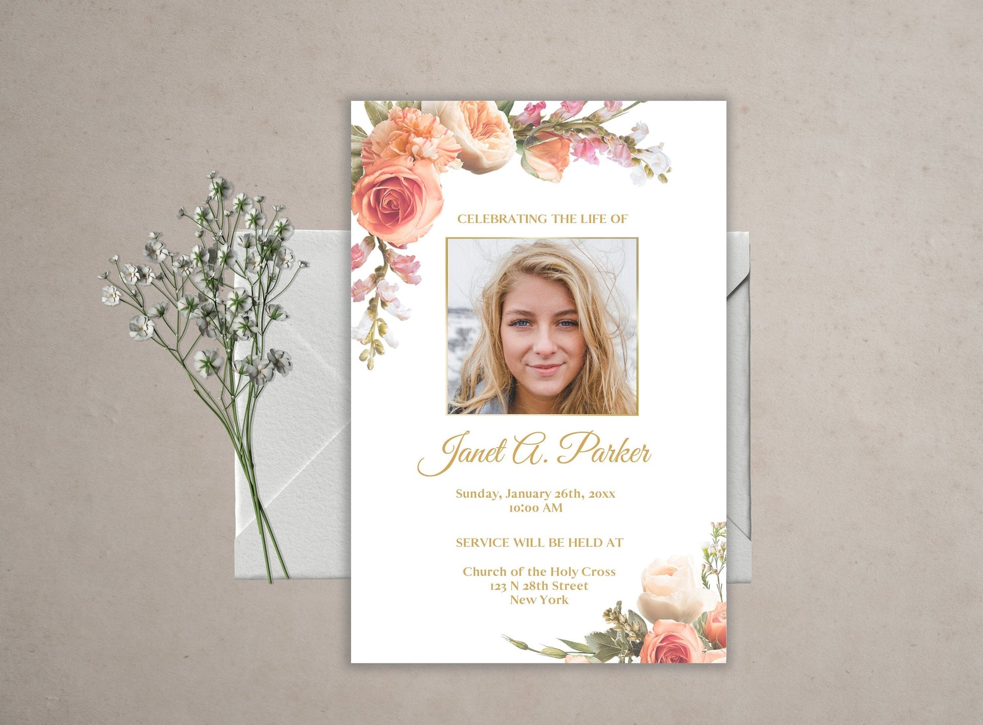 Beatiful peach roses in the corners of this funeral invitation, with gold border center photo