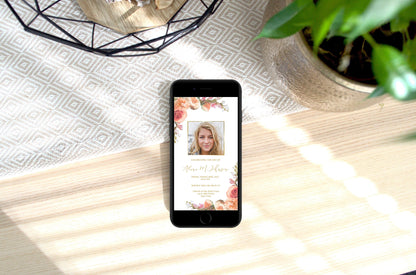 phone on desk displaying a funeral invitation template with peach roses and phot of a girl