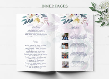 Lily & Purple Floral Funeral Program Template - 8 Page