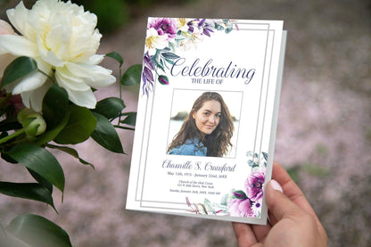 Purple Funeral Program Template For Woman | Purple Flowers Obituary Template |  Lily Celebration of Life Program |   B170