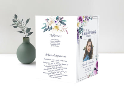 Purple Funeral Program Template For Woman | Purple Flowers Obituary Template |  Lily Celebration of Life Program |   B170