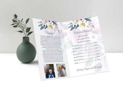 Purple Funeral Program Template For Woman | Purple Flowers Obituary Template |  Lily Celebration of Life Program |   B170