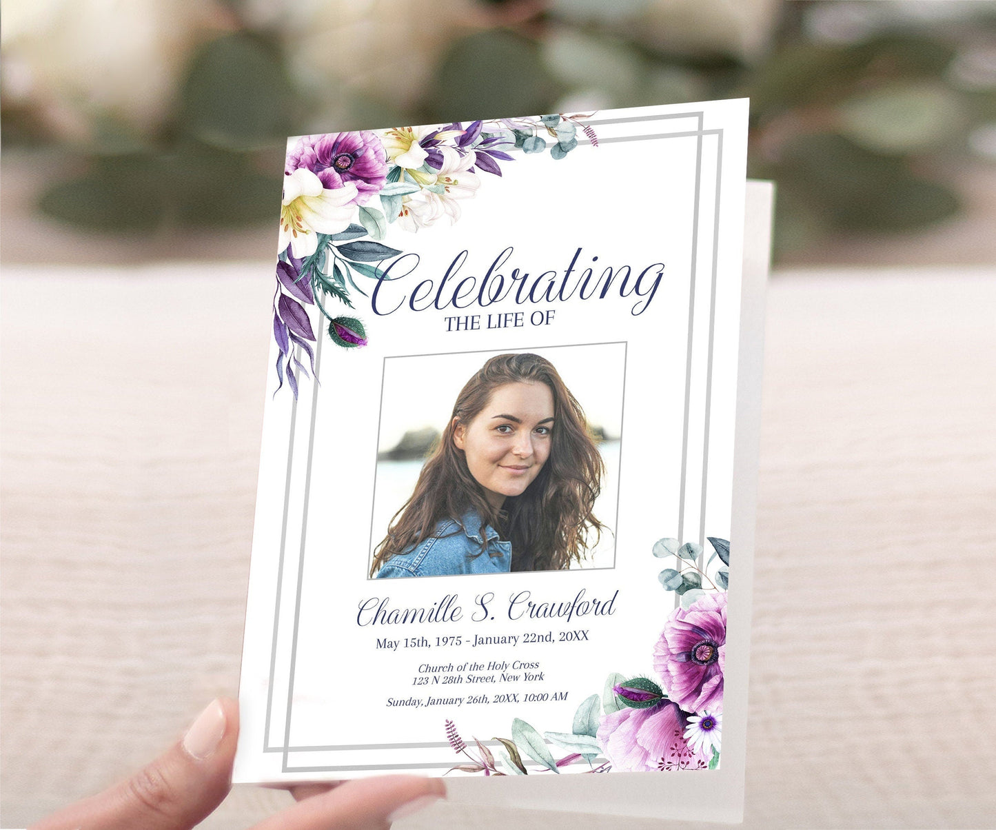 Purple Funeral Program Template For Woman | Purple Flowers Obituary Template |  Lily Celebration of Life Program |   B170