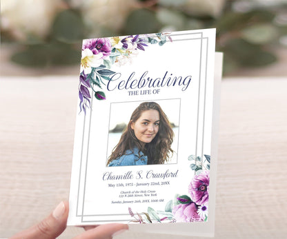 Purple Funeral Program Template For Woman | Purple Flowers Obituary Template |  Lily Celebration of Life Program |   B170