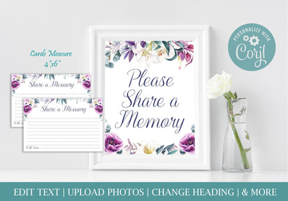 Share a Memory Sign and Cards for Funeral | Purple Memorial Keepsake | Lily Celebration of Life Favors | B170