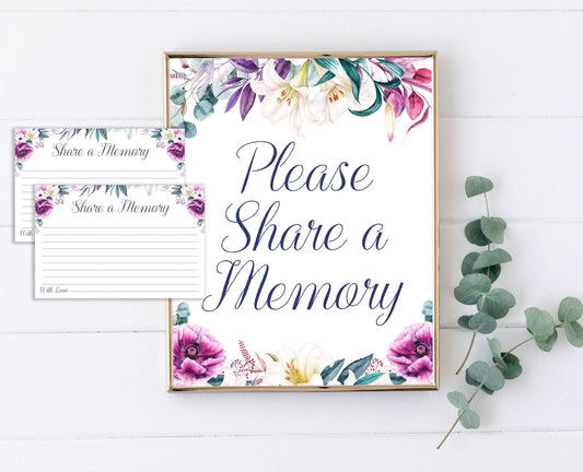 Share a Memory Sign and Cards for Funeral | Purple Memorial Keepsake | Lily Celebration of Life Favors | B170