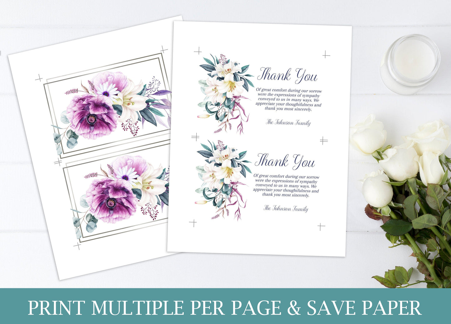 Purple Flower Funeral Thank You Cards Template