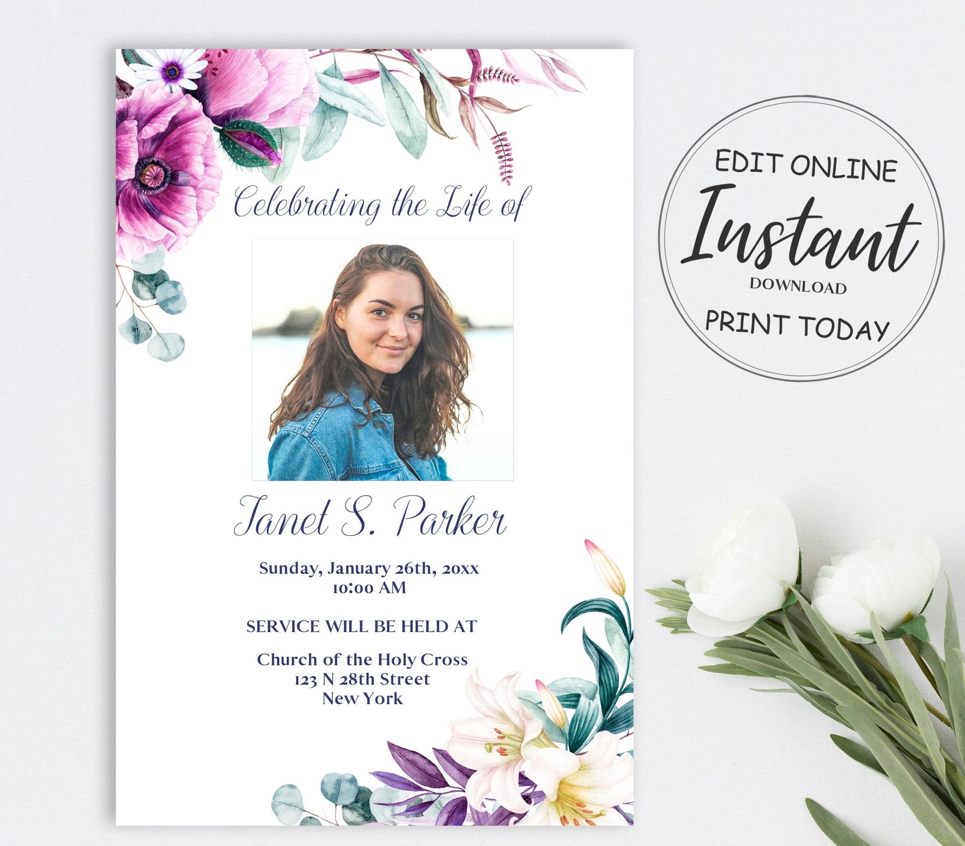 Lily and other Flowers funeral announcement template