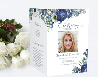 Blue roses adorn this funeral pamphlet template