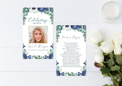 blue roses around a celebration of life theme funeral template