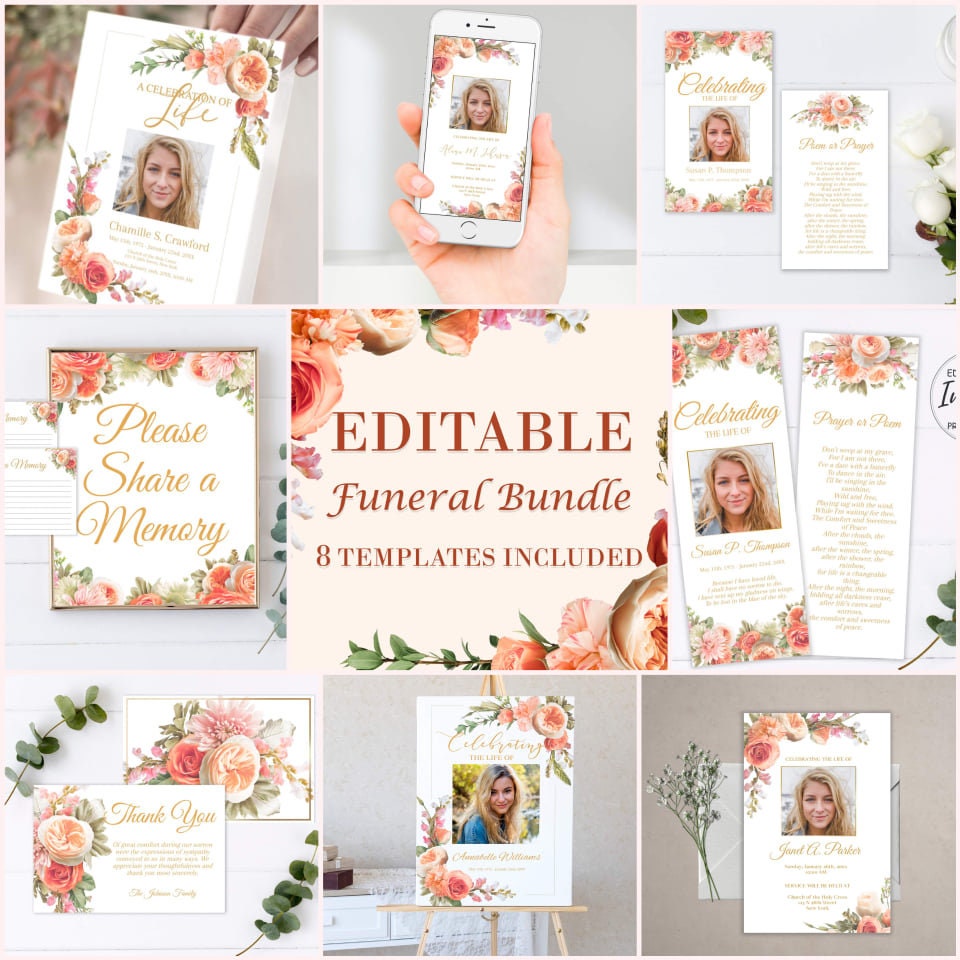 Funeral bookmark, invitation , prayer cards, and program templates on photo collage