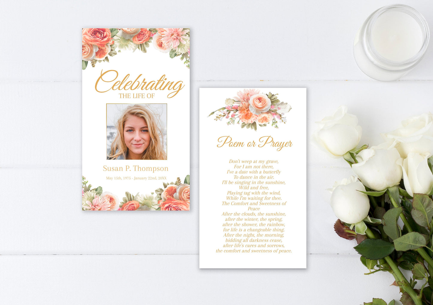 Funeral Program Template Bundel Peach Rose Theme - Poster Included
