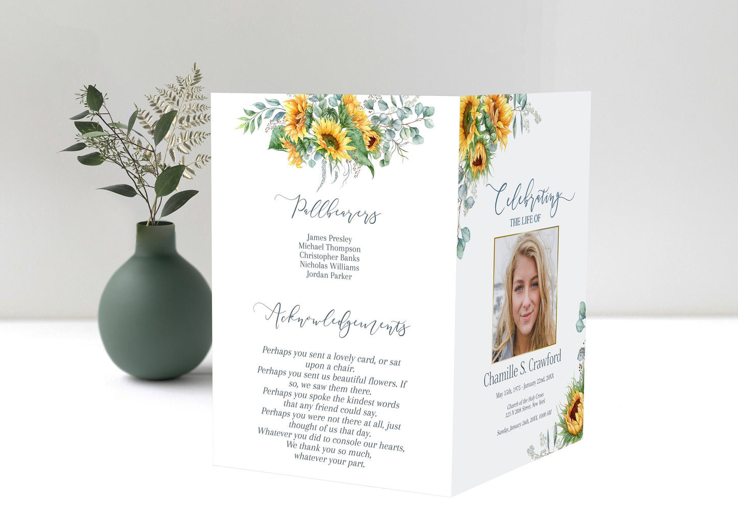 Nonreligious funeral program template with sunflowers