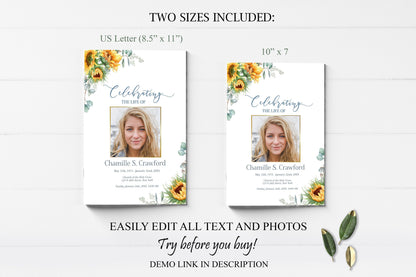 Sunflower Funeral Program Template for Woman - 4 page