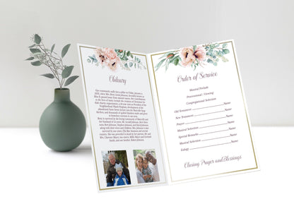 Gold Cross With Flowers Funeral Program Template - 4 Page