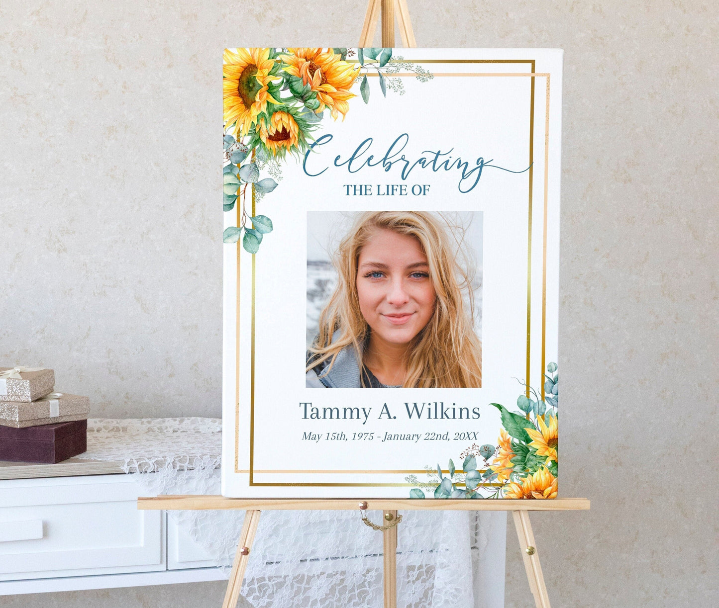 Gold border with sunflower background funeral poster template
