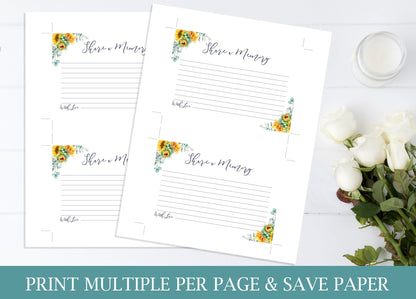 Share a Memory Sign and Cards for Funeral | Sunflowers Memorial Keepsake | Floral Celebration of Life Favors | B130