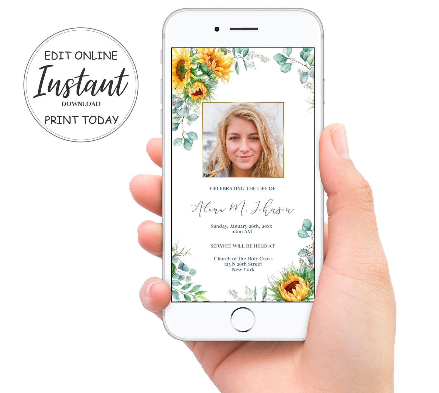 sunflower funeral invitation template digital phone mockup