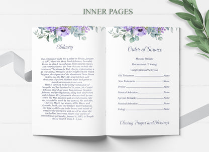 Purple Floral Funeral Program Template - 8 Page