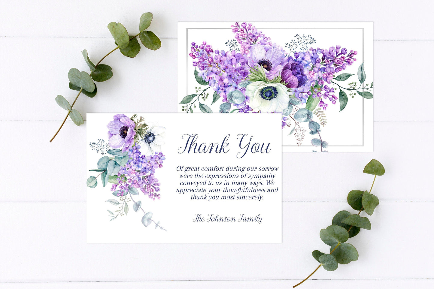purple flower thank you card designed for a funeral service