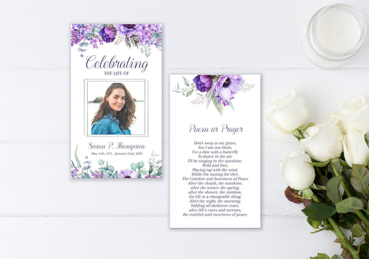 purple floral obituary template card sample