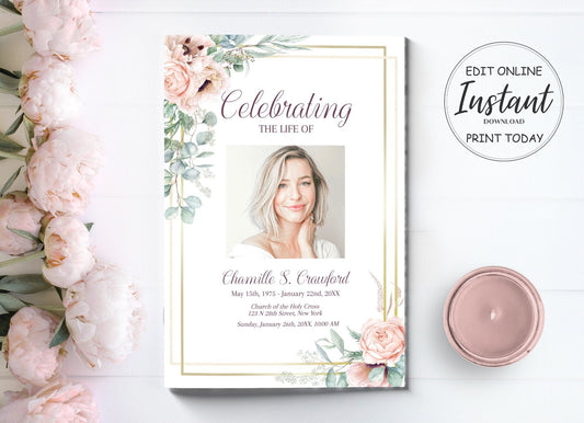 Funeral Template Program With Pink Roses - 8 Page