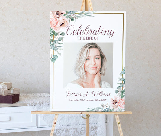 Light pink with gold border funeral poster template