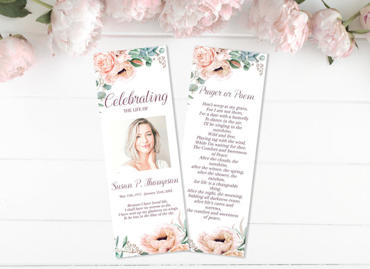 Pink flower and greenery funeral bookmark template design