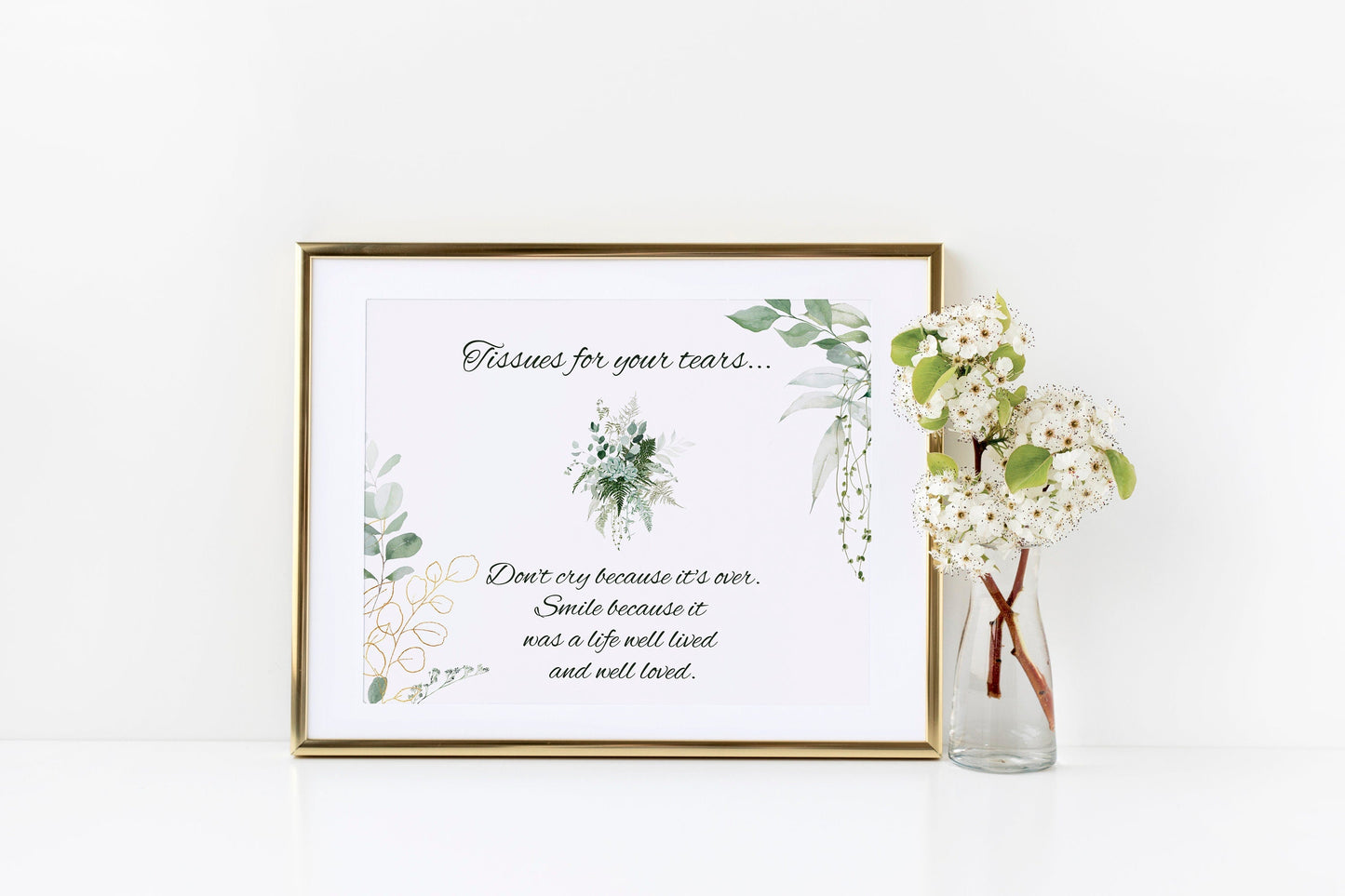 Tissues for Your Tears Sign for Funeral | Greenery & Gold Memorial Sign | Greenery Eucalyptus Celebration of Life Favors | B102