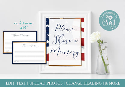 American Flag Share a Memory Sign and Cards for Funeral | Military Funeral Memorial Keepsake | Veteran Celebration of Life Favors | B180