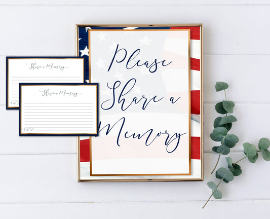 American Flag Share a Memory Sign and Cards for Funeral | Military Funeral Memorial Keepsake | Veteran Celebration of Life Favors | B180