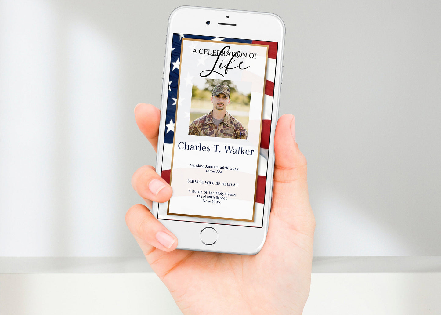 Phone displaying funeral announcement template