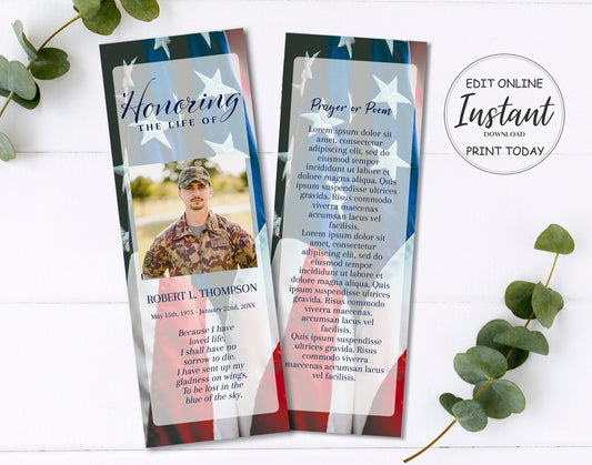 American flag theme funeral bookmark template 