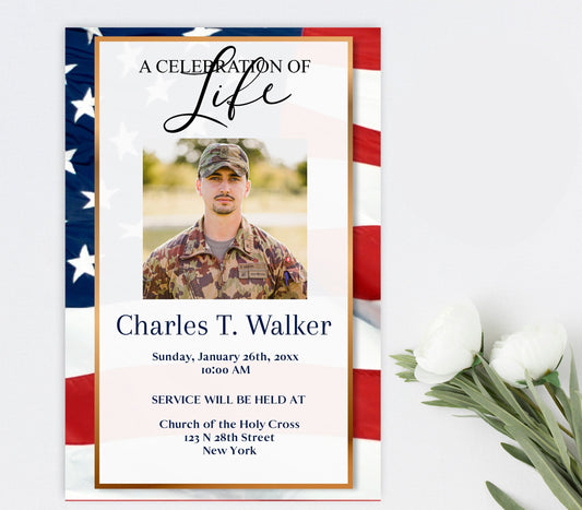Military style funeral invitation with american flag background