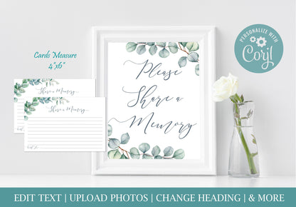 Share a Memory Sign and Cards for Funeral | Greenery Memorial Keepsake | Greenery Eucalyptus Celebration of Life Favors | B160