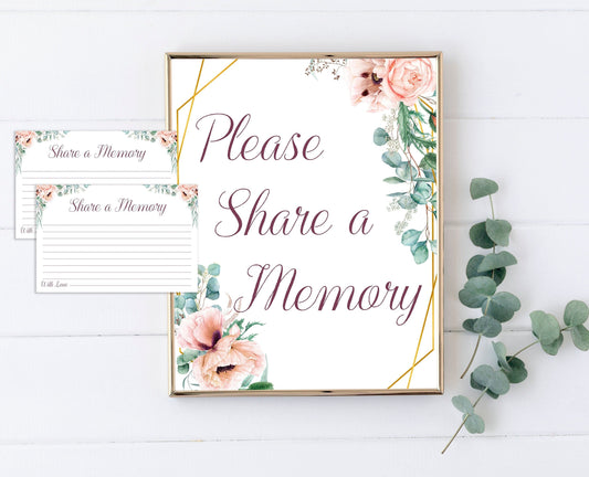 Share a Memory Sign and Cards for Funeral | Pink Roses Memorial Keepsake | Pink Floral Celebration of Life Favors | B150
