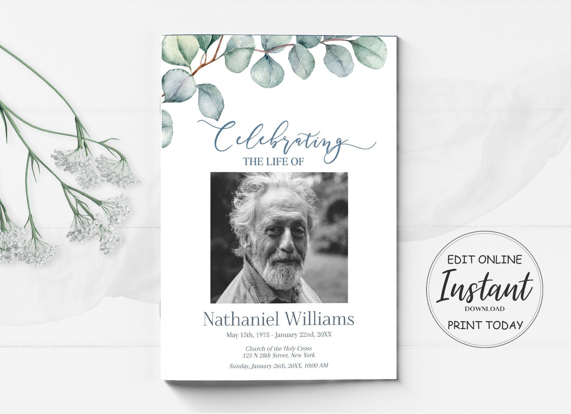 Greenery funeral program sample template