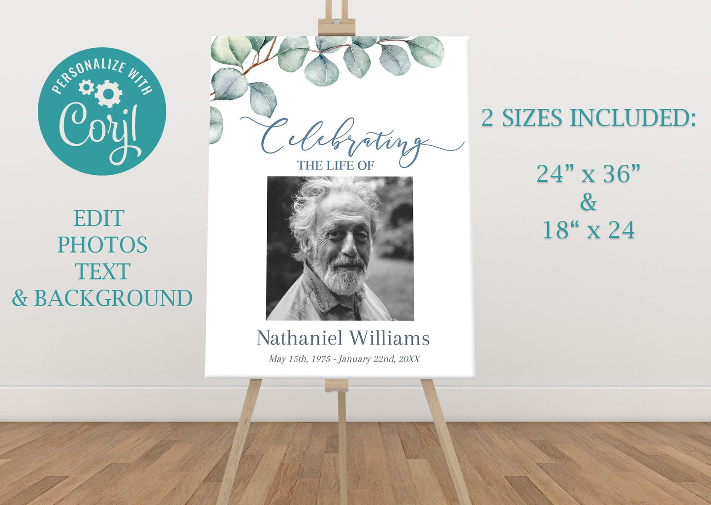 2 sizes included editable funeral poster with greenery
