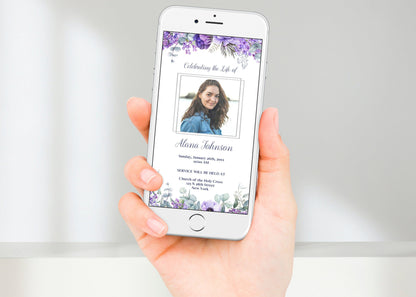 Purple Flowers Funeral Announcement Teamplate - Digital & Physical