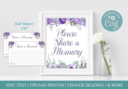 Share a Memory Sign and Cards for Funeral | Purple Memorial Keepsake | Lilac Celebration of Life Favors | B140