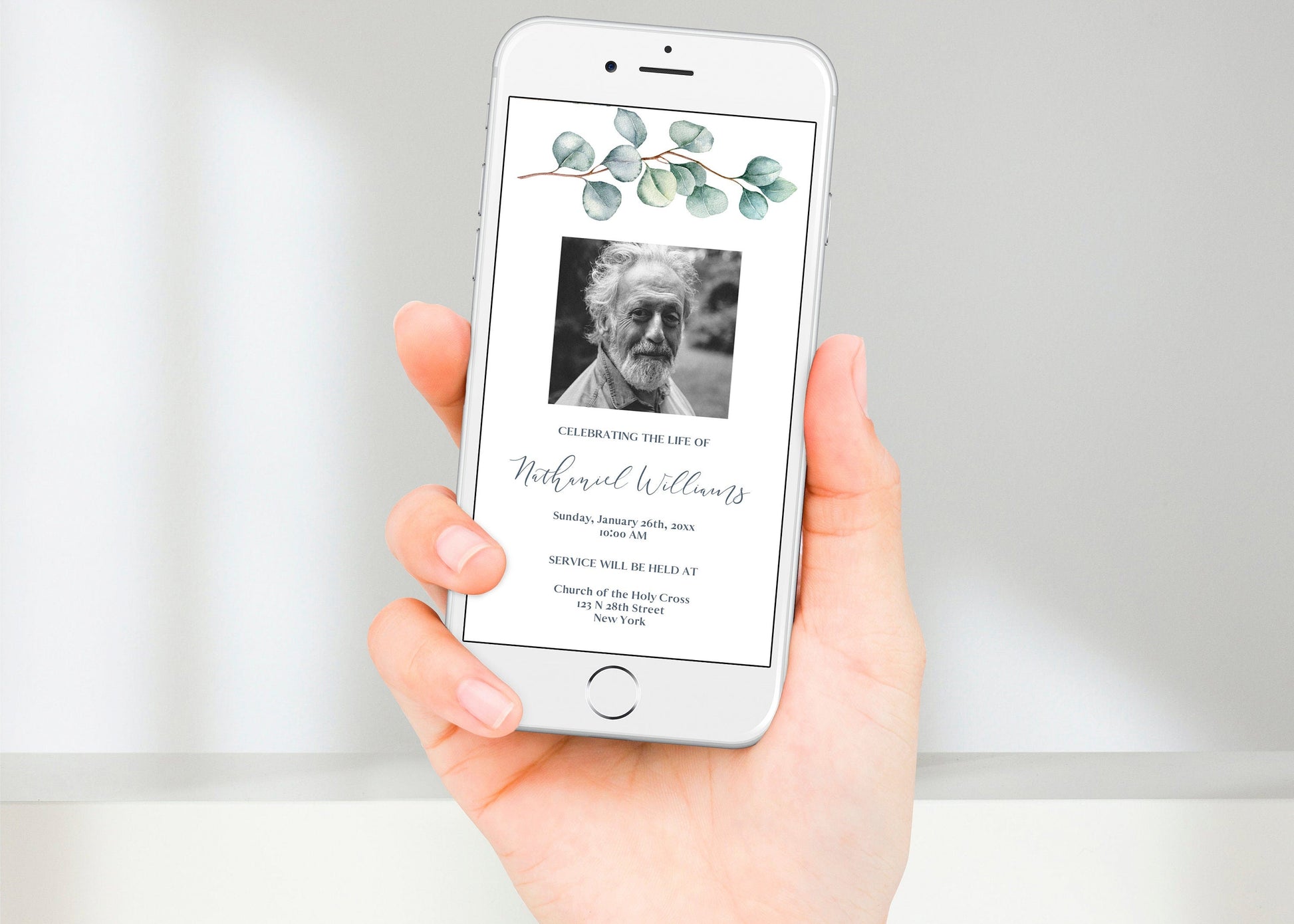 digital funeral invitation template eucalyptus theme