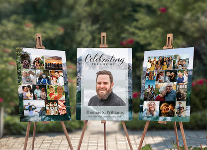 Mountain Funeral Poster Photo Display Set | Memorial Poster for Funeral | Blue Mountain Lake Photo Collage Template | A110