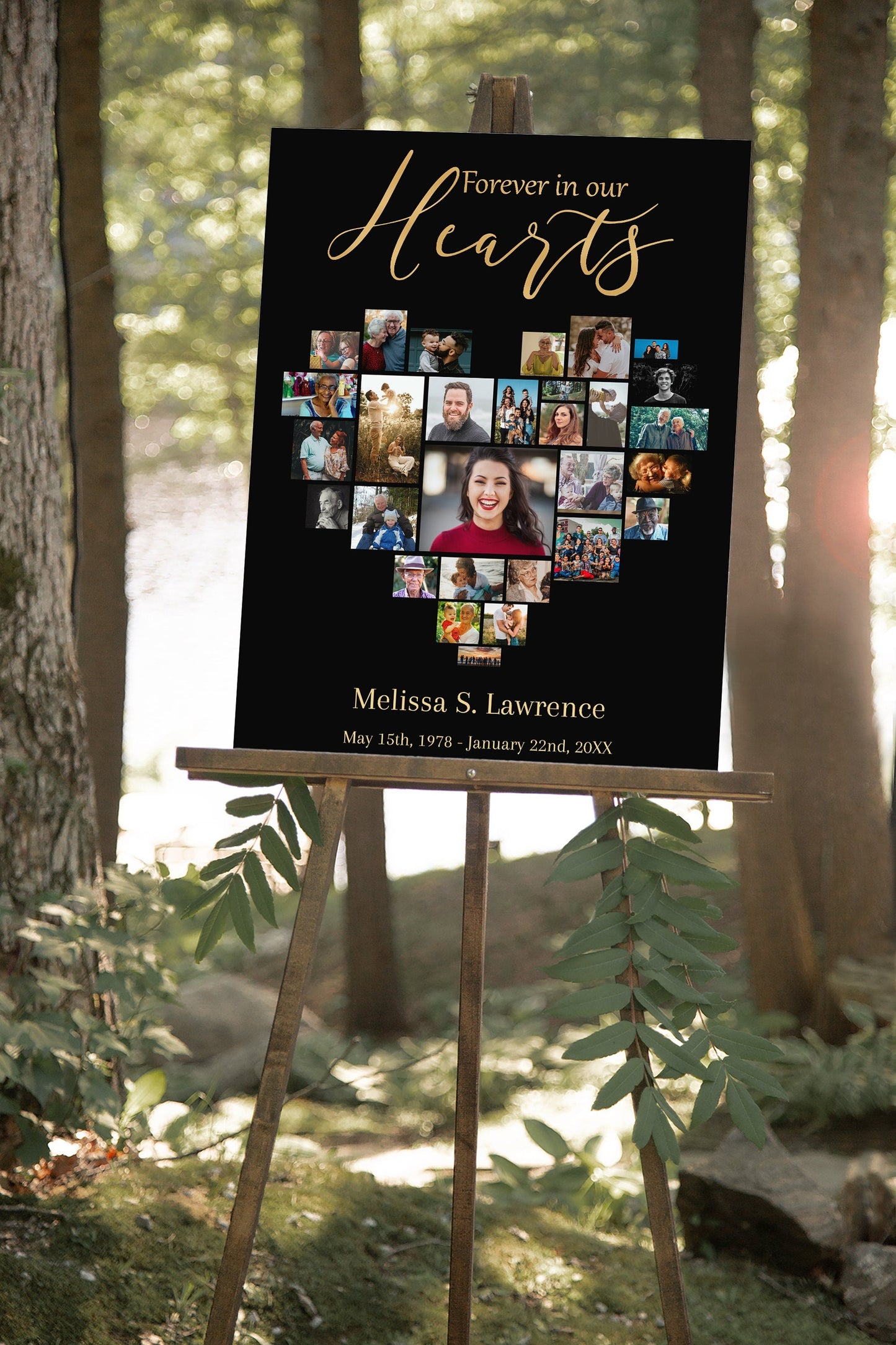 Black and Gold Funeral Service Poster Photo Collage Heart Shape Template