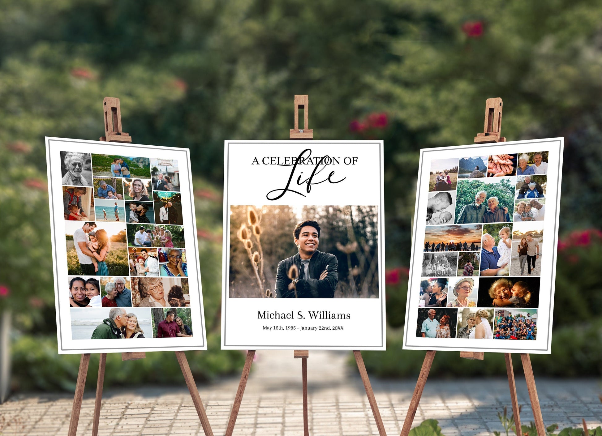 Celebration of LIfe poster center with photo collages posters on the side