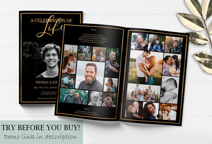 Photo collage inside the funeral template program with gold borders 