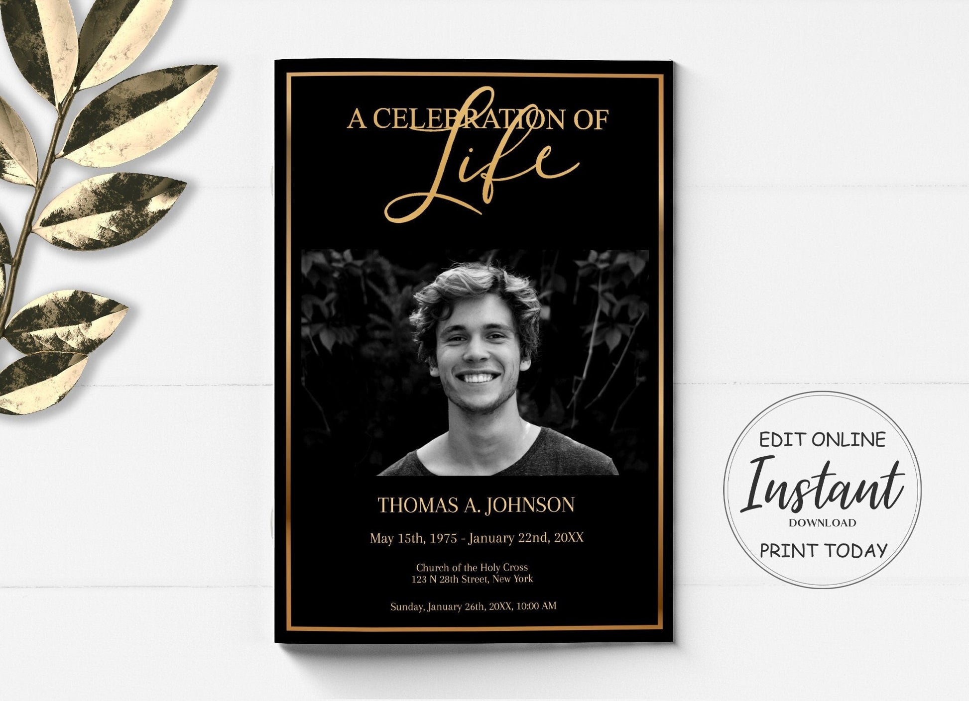 Black and Gold celebration of life funeral program front with border and center photo