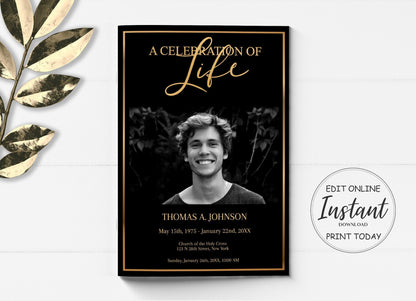 Black and Gold celebration of life funeral program front with border and center photo