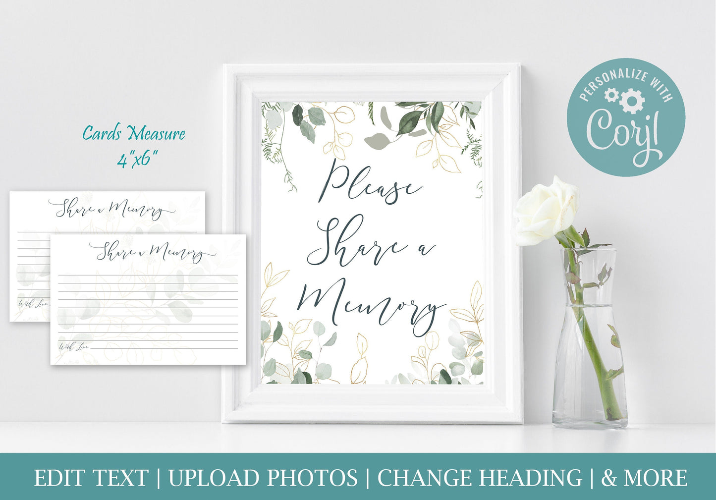 Share a Memory Sign and Cards for Funeral | Greenery & Gold Memorial Keepsake | Greenery Eucalyptus Celebration of Life Favors | B102