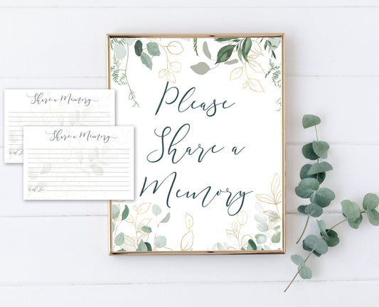 Share a Memory Sign and Cards for Funeral | Greenery & Gold Memorial Keepsake | Greenery Eucalyptus Celebration of Life Favors | B102